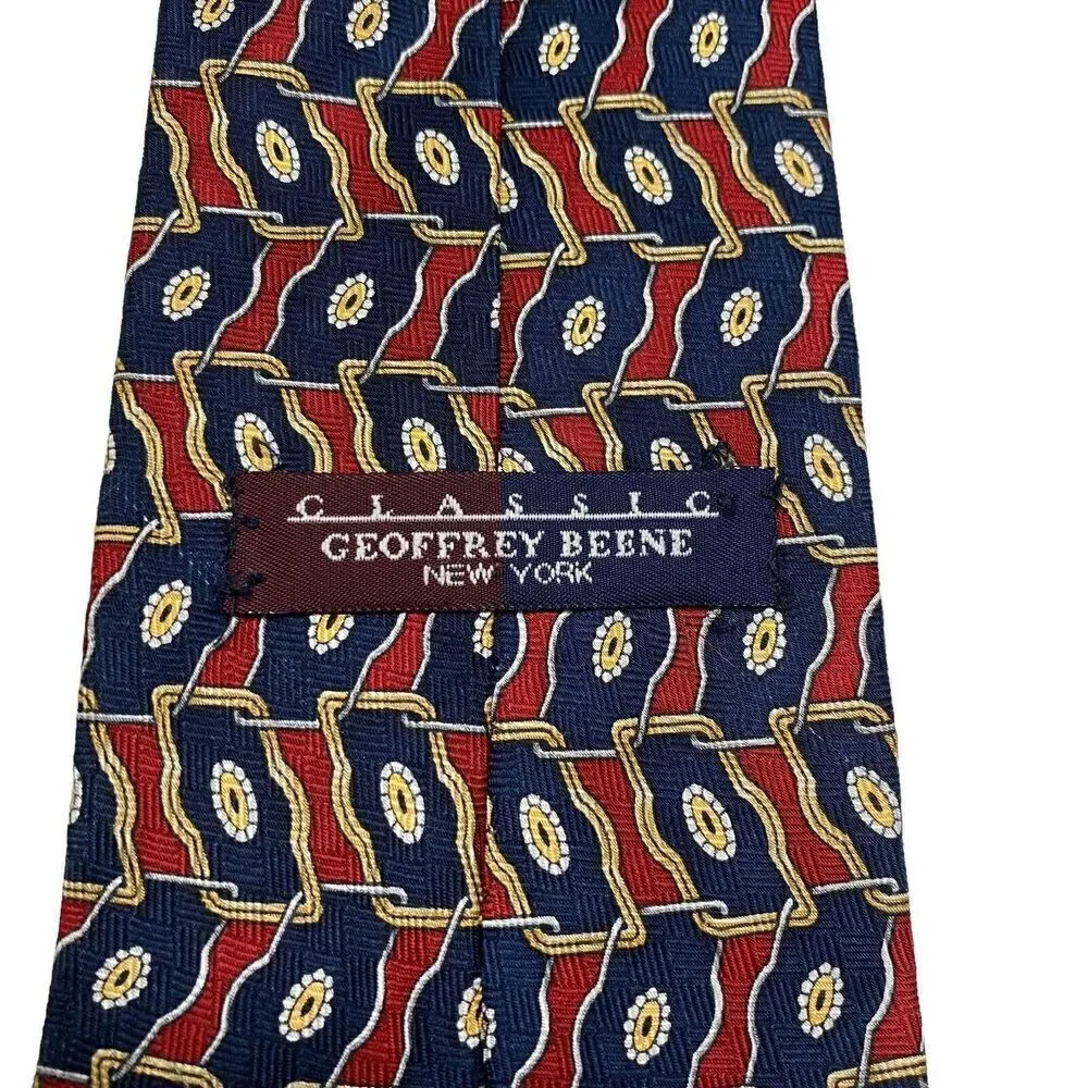 Geoffrey Beene Tie Men's Necktie Silk Geometric Maroon Blue Gold Silver USA